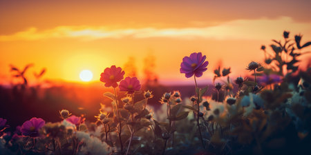 red spring background nature landscape sunset flower field meadow summer rural. Generative AI.の素材