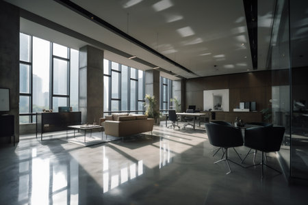 workplace modern room office furniture interior window bright open desk chair. Generative AI.の素材