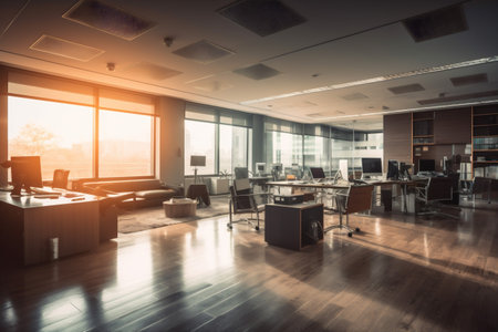 workplace design room modern furniture office bright chair desk window interior. Generative AI.の素材