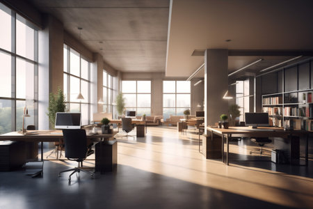 workplace chair furniture modern office interior desk window bright room company. Generative AI.の素材