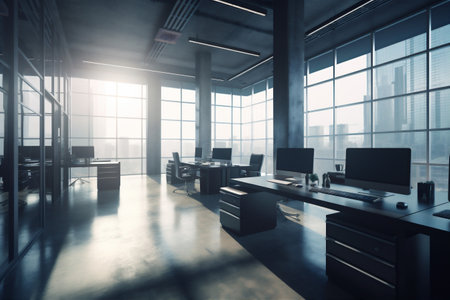 interior modern furniture work window bright chair desk office room workplace. Generative AI.の素材