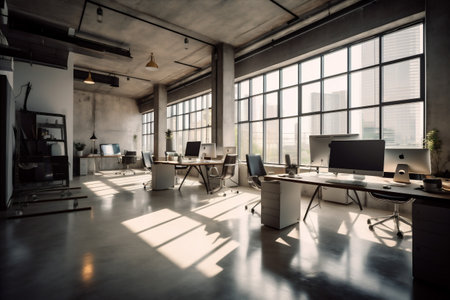 nobody room modern desk bright window interior office furniture chair workplace. Generative AI.の素材