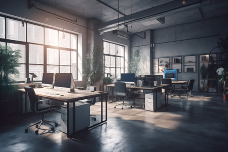 bright glass office furniture modern workplace chair window room desk interior. Generative AI.の素材