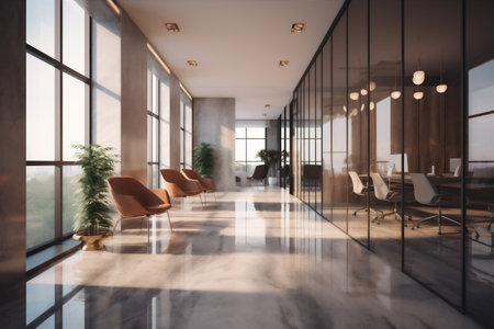 modern interior bright window room chair glass furniture desk workplace office. Generative AI.の素材
