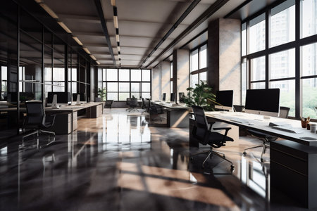 chair room modern desk workplace office bright interior furniture computer window. Generative AI.の素材