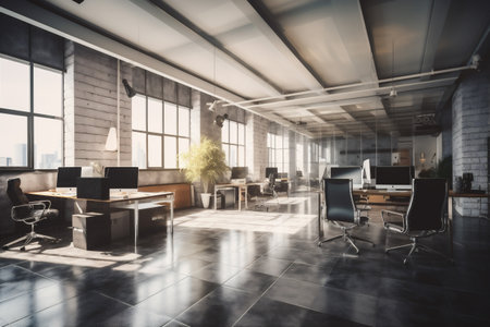 furniture glass modern office interior desk bright workplace room chair window. Generative AI.の素材