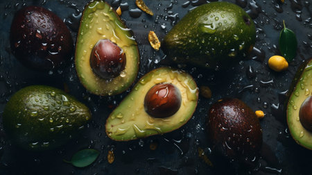food raw background green wood tropical vegetable close-up avocado dark fresh. Generative AI.の素材