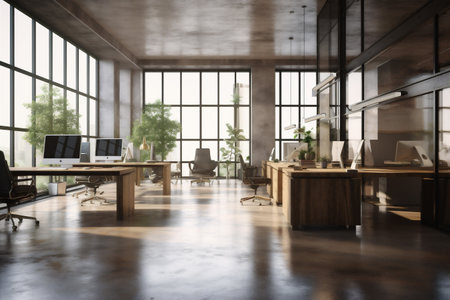 furniture screen desk chair room window modern interior office bright workplace. Generative AI.の素材