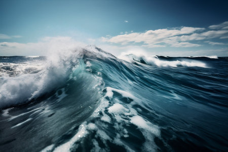 liquid cool water crash blue surfing ocean wave sea nature. Generative AI.の素材