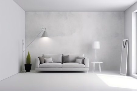 interior background simple concrete wall green house lifestyle white three-dimensional indoor cushion. Generative AI.の素材