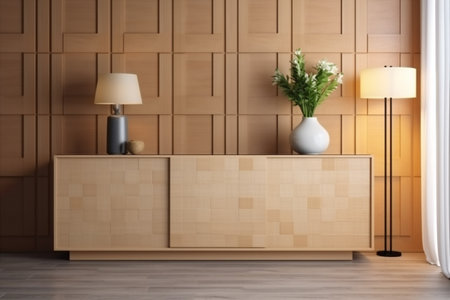 interior background architecture art drawer living room wood design chest of drawers wooden lamp poster home. Generative AI.の素材