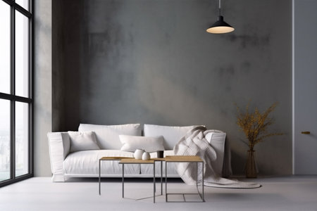 interior background decor style simple grey lounge cosy empty scandinavian concrete wall modern couch. Generative AI.の素材