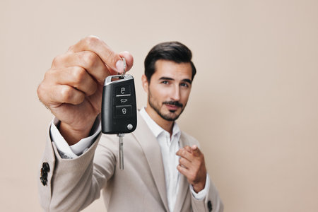 business man auto key loan hand car buy holding smile serviceの写真素材