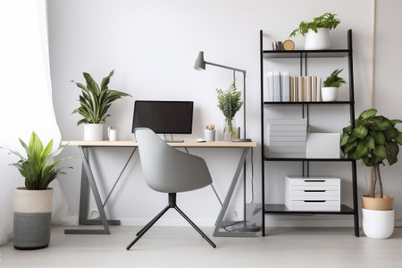 interior background apartment white mockup wooden furniture room nobody screen monitor table workspace. Generative AI.の素材