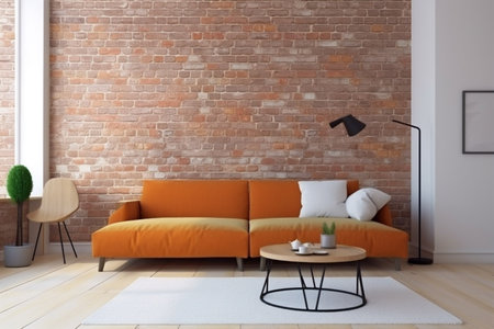 interior background design render living room room floor lamp cushion apartment terracotta contemporary cosy. Generative AI.の素材