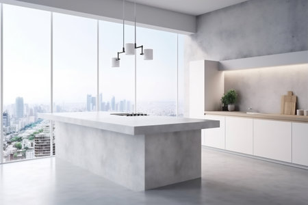 interior new furniture island appliance kitchen home bright beige room light rendering. Generative AI.の素材