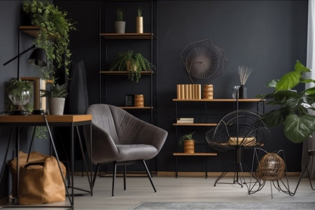 interior background technology stylish lamp light dark office pc armchair beautiful. Generative AI.の素材