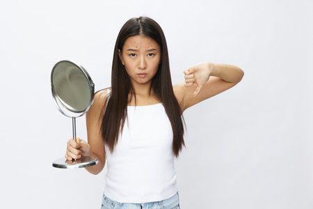 Asian woman with mirror in hand facial skin problems, acne and inflammation, red rash and allergies, chicken pox, sadness from rashes. Facial skin care concept for diseases and nervesの写真素材