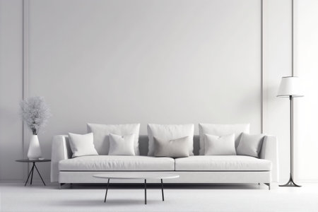 interior background sofa style furniture lamp white floor lifestyle white. Generative AI.の素材