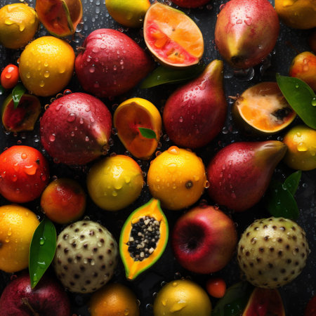 strawberry healthy vitamin water space fresh green drop background fruit copy food. Generative AI.の素材