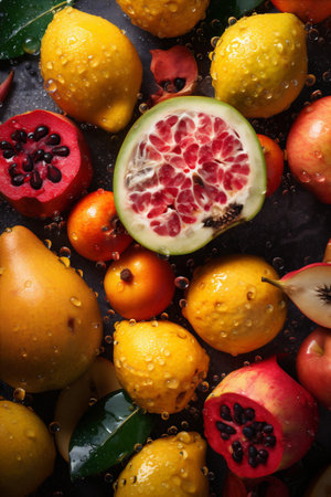 fruit strawberry green food vitamin background water diet drop healthy fresh. Generative AI.の素材