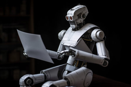 technology office artificial laptop robot ai digital document hand paper. Generative AI.の素材
