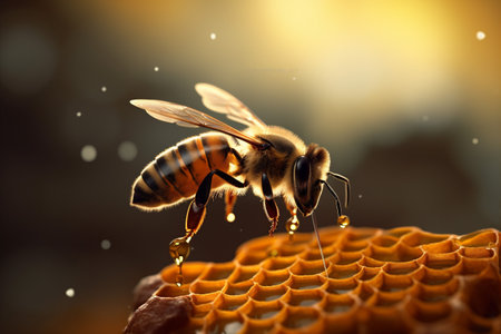 background bee nature honey pollen yellow macro closeup insect gold food. Generative AI.の素材