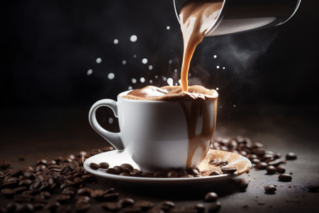 cup espresso cafe mug drink brown aroma bean breakfast morning. Generative AI.の素材