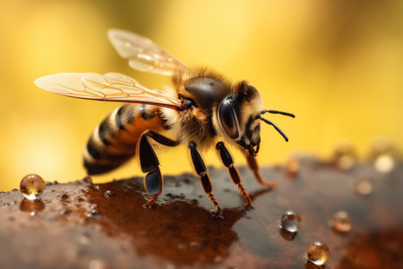 gold background insect macro bee yellow pollen honey closeup nature bee honey. Generative AI.の素材
