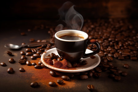 cup brown mug aroma breakfast bean cafe morning espresso drink. Generative AI.の素材
