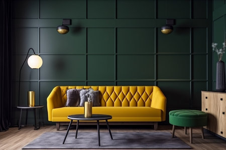 interior background decoration pillow loft copy space lifestyle living furniture comfortable couch green. Generative AI.の素材