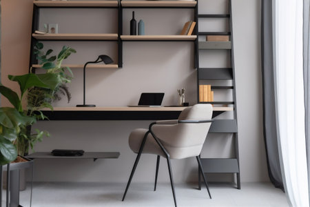 interior background chair business decor room monitor job laptop mockup technology lamp trendy. Generative AI.の素材