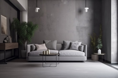 interior background contemporary stylish white room apartment carpet indoor concrete wall grey. Generative AI.の素材