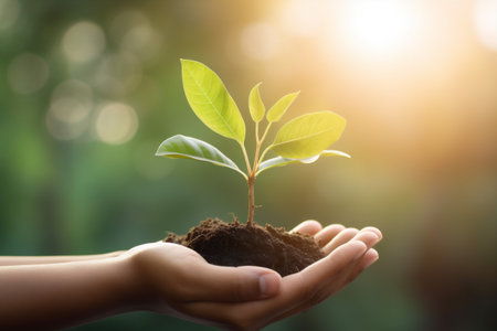 green agriculture ecology plant care hand nature life growth leaf. Generative AI.の素材