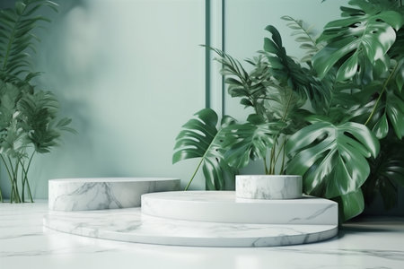 color green platform mock design marble creative podium space up leaf. Generative AI.の素材
