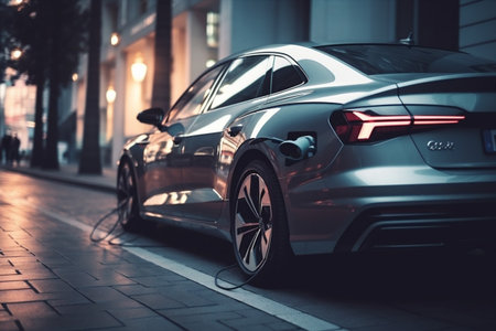 electric city energy car automobile technology transportation power battery electricity. Generative AI.の素材