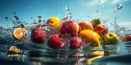 fresh fruit vitamin water food bubble background green healthy strawberry drop. Generative AI.の素材