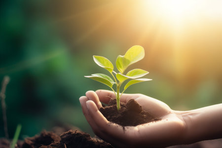 agriculture care plant ecology green leaf hand growth life nature. Generative AI.の素材