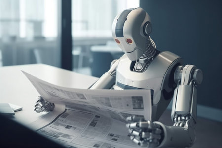hand technology digital laptop paper robot ai artificial office document. Generative AI.の素材