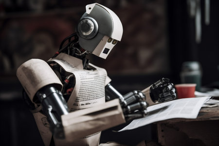 artificial robot ai hand digital document office technology laptop paper. Generative AI.の素材