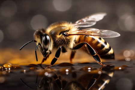 macro honey bee insect nature yellow honey pollen gold closeup background bee. Generative AI.の素材