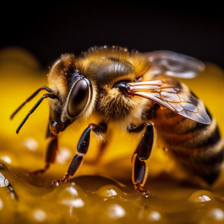 insect yellow gold macro bee pollen nature background honeyed honey closeup. Generative AI.の素材