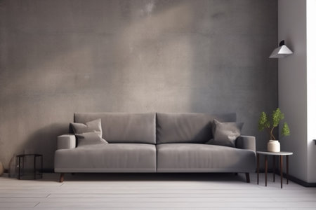 interior couch scandinavian concrete living room lifestyle loft three-dimensional empty comfortable stylish. Generative AI.の素材