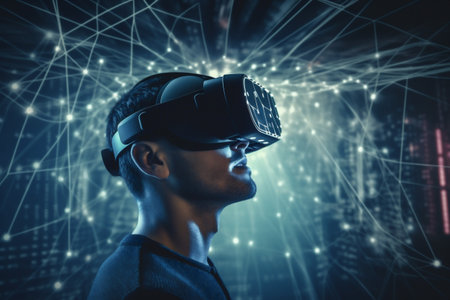 woman business concept glasses future line technology hand digital headset virtual. Generative AI.の素材