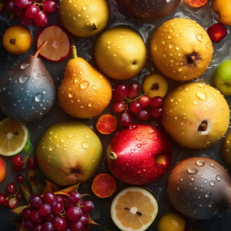 water background fruit strawberry green fresh drop healthy vitamin food vegetarian. Generative AI.の素材