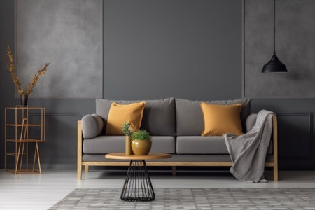 interior space couch style wall furniture room living comfortable decoration loft pillow. Generative AI.の素材