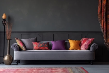 interior pillow house cosy lifestyle render sofa three-dimensional design pillows indoor contemporary. Generative AI.の素材