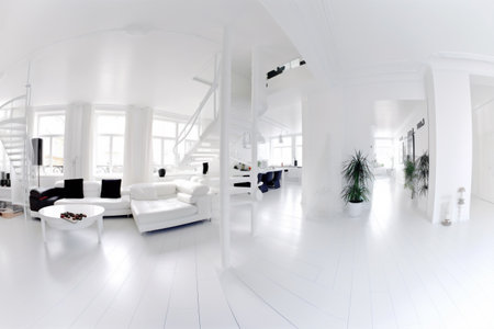 interior table step design lamp floor window indoor wall architecture furniture. Generative AI.の素材