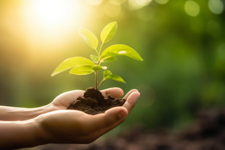 ecology agriculture nature green plant care hand leaf growth life. Generative AI.の素材