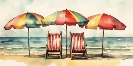 beach resort background chair beach watercolor summer chair vacation rest relax umbrella. Generative AI.の素材